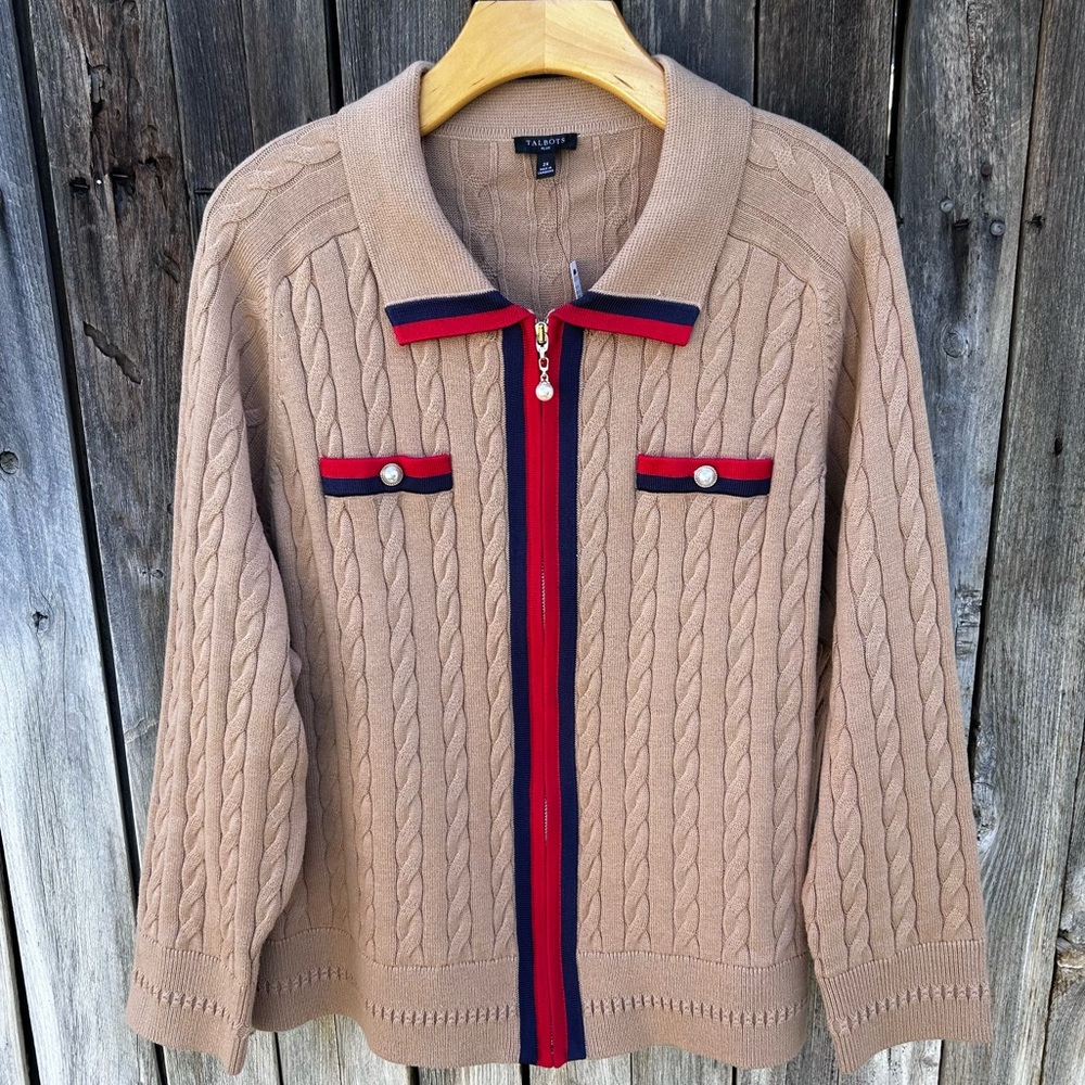 NWT Talbots Cable Knit Sweater Tipped Detail Cotton Blend Camel Tan 2X